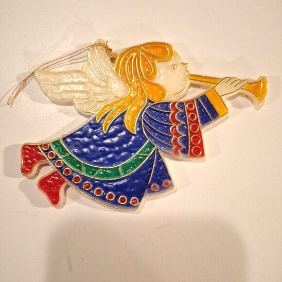 Angel Playing Trumpet Flat Plastic Hanging Christmas Ornament Vintage Hong Kong - Picture 4 of 6